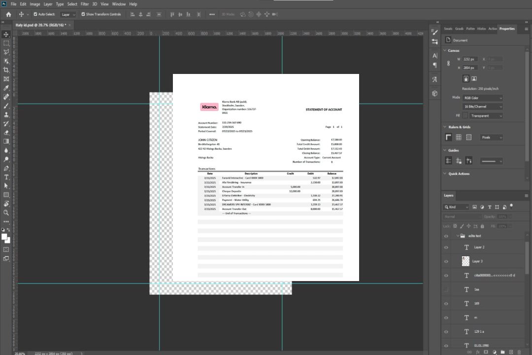 Suède Relevé de compte de la Klarna Bank Modèle Word et PDF template
